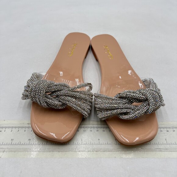 XYD Nude Glitter Shiny Rhinestone Straps Sparkle Fancy Open Toe Slide Sandals - Picture 2 of 7